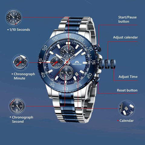 MEGALITH Mens Chronograph Watches Stainless Steel Man Waterproof Watch Luminous Gent Wristwatches for Men Fashion Business Classic Analog Quartz Date Watches