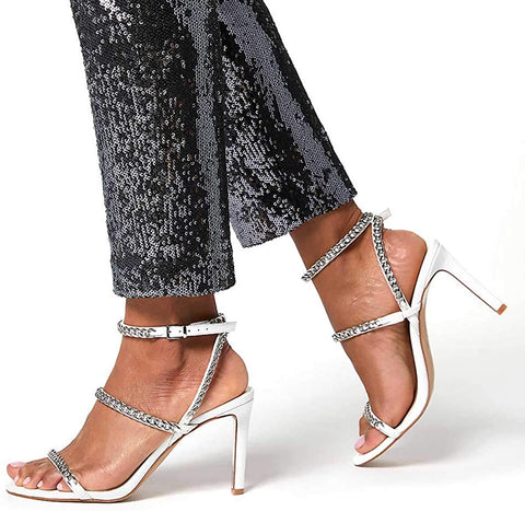 Sexy Bridal Women Chain Strappy Sandals Slim High Heel Ankle Strap Slingback Wedding Dress Shoes Size 4-15 US