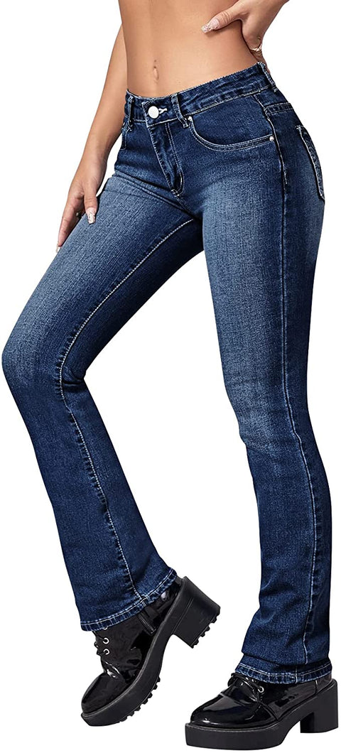 Women's Casual Slim Fit Flared Jeans Mid Waisted Sexy Stretchy Comfortable Denim Pants Trousers with Pockets