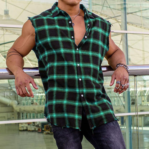 Yasiter Men's Raw Hem Sleeveless Shirts Cotton Full Button Down Nomal Lapel Collar Plaid Shirt Tank Tops