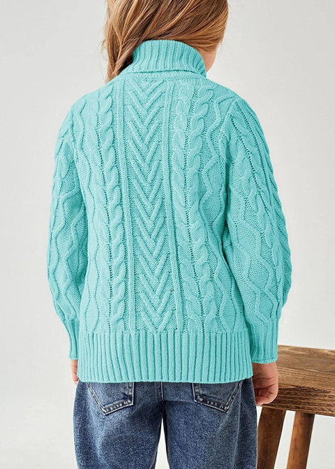 Girls Sweater Turtle Neck Puff Sleeve Chunky Cable Knit Kids Pullover Jumper Top
