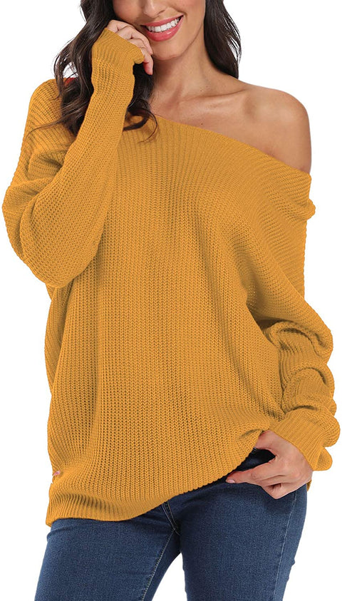 Women's Boat Neck Solid Casual Loose Knitted Pullover Sweater Jumper Tops
