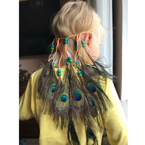 Peacock Feather Hippie Headband Accessories - AWAYTR Bohemia Tribal Indian Hippie Headpiece Braided Beads Headwear Festival Hair Decoration (All peacock)