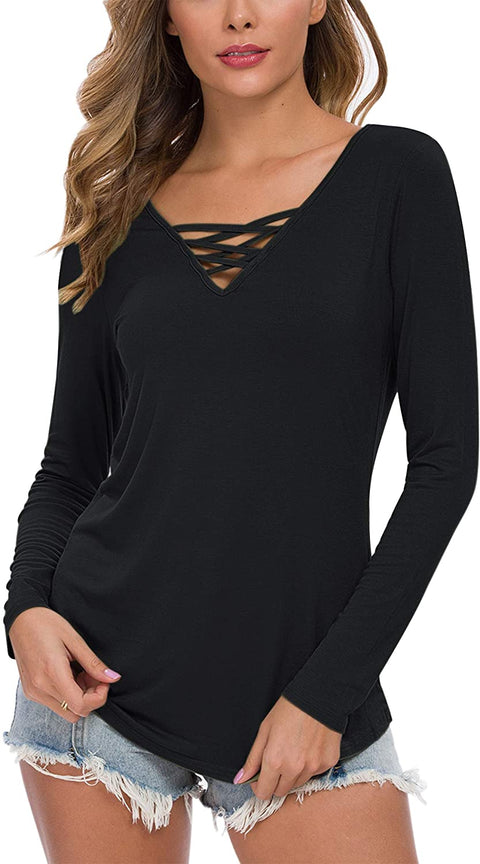 WNEEDU Women's Casual Long Sleeve T-Shirt Criss Cross V-Neck Basic Tees Tops