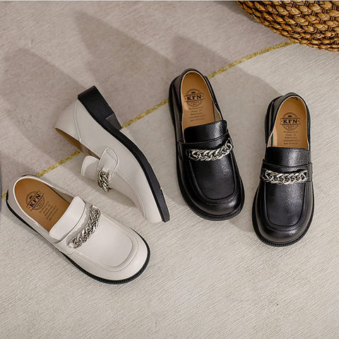 KANGFEINI Fashion Ladies Classic Round Toe Chain Decorative Loafers Comfortable Driving Office Loafers