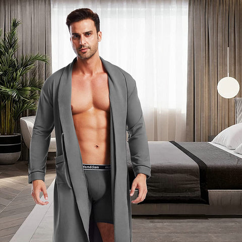 Men's Robe Knit Bamboo Cotton Long Bathrobe Spa Sleepwear Soft Shawl Collar Kimono Robe Big and Tall