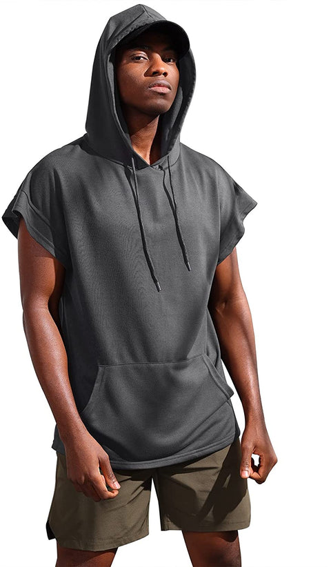 iWoo Men's Workout Hooded Tank Tops Bodybuilding Muscle Shirts Short Sleeve Gym Hoodie for Men