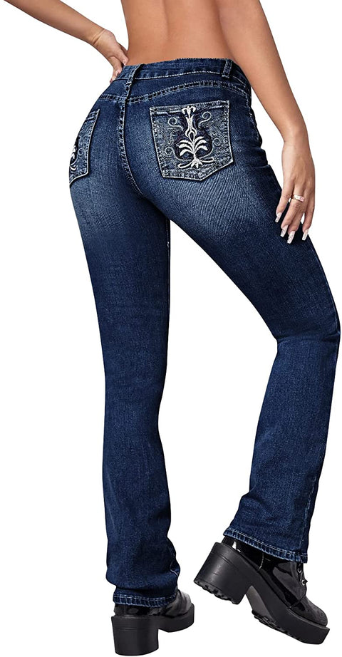 Women's Casual Slim Fit Flared Jeans Mid Waisted Sexy Stretchy Comfortable Denim Pants Trousers with Pockets