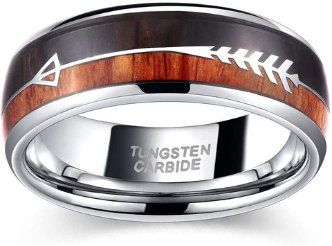 TRUMIUM 8mm Tungsten Wedding Ring Koa Wood Arrows Inlay Vikings Hunting Ring Silver/Black Band Dome Comfort Fit Size 6-13