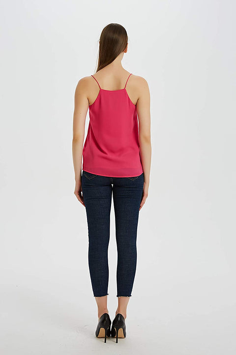 Womens Summer V-Neck Crepe Sleeveless Cami Tank Top Spaghetti Strap with Lining