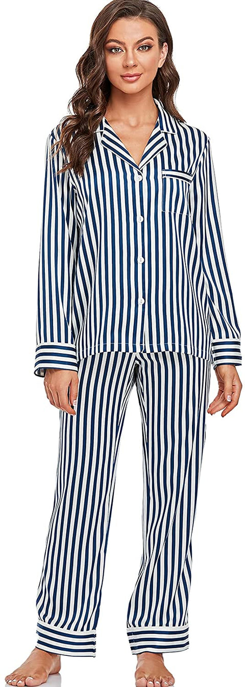 Women's Satin Pajama Set Long Sleeve Button Sleepwear 2-Piece Pj Lounge Set