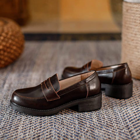 KANGFEINI Women's Apartment Wide Loafers Brown Work high Heel Platform Dress Shoes