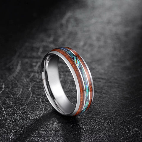 TRUMIUM 8mm Hawaiian Koa Wood and Abalone Shell Tungsten Carbide Rings Wedding Bands for Men Comfort Fit Size 6-13