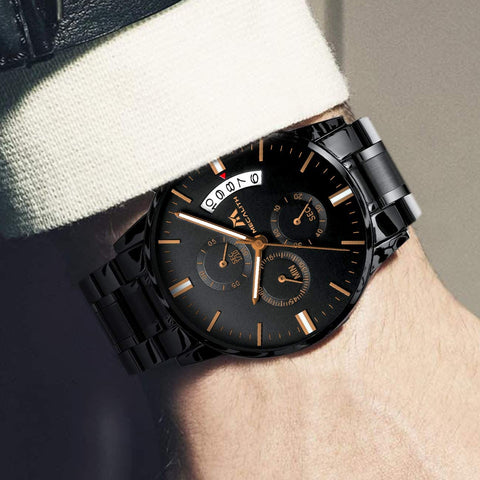 MEGALITH Mens Watches with Stainless Steel Waterproof Analog Quartz Fashion Business Chronograph Black Watch for Men, Auto Date