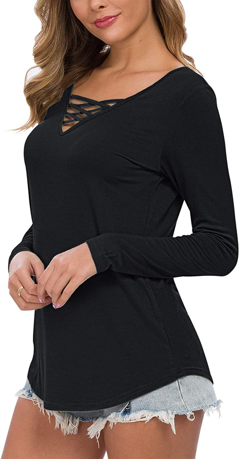 WNEEDU Women's Casual Long Sleeve T-Shirt Criss Cross V-Neck Basic Tees Tops