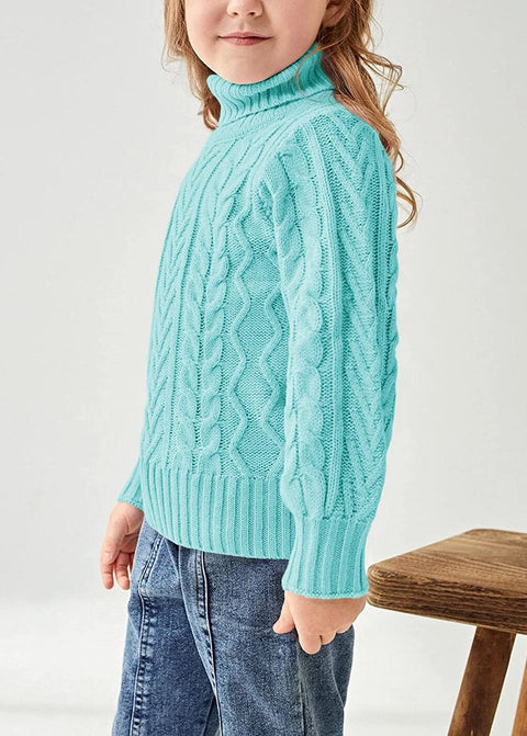 Girls Sweater Turtle Neck Puff Sleeve Chunky Cable Knit Kids Pullover Jumper Top