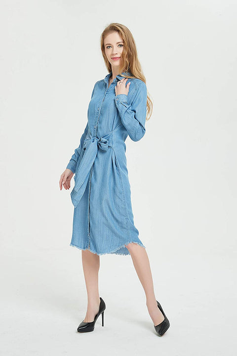 Womens Distressed Long Sleeve V Neck Button Down Denim Shirt Dress with Belt