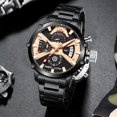 MEGALITH Men's Watch 45mm Stainless Steel Chronograph Waterproof Fashion Watch Analog Quartz Date Heavy Duty Watches for Men Metal Luminous Multifunctional Cool Designer Gents Wrist Watches