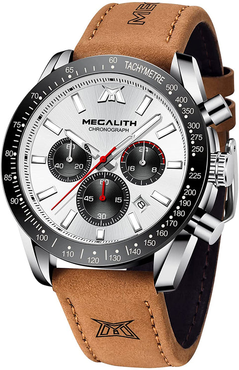 MEGALITH Mens Watch Waterproof Quartz Chronograph Watches for Men Men's Analog Stylish Sport Casual Classic Wrist Watch with Brown Leather Band Unique Gifts for Men