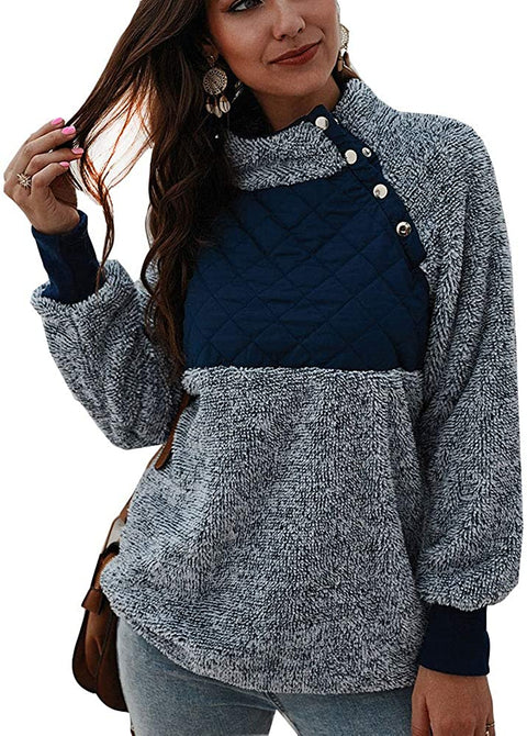 Women's Color Block Turtleneck Long Sleeve Sweatshirts Fuzzy Sweatshirts