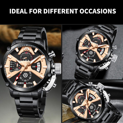 MEGALITH Men's Watch 45mm Stainless Steel Chronograph Waterproof Fashion Watch Analog Quartz Date Heavy Duty Watches for Men Metal Luminous Multifunctional Cool Designer Gents Wrist Watches