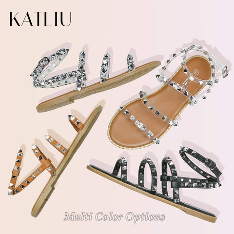 Katliu Women's Flat Sandals Strappy Studded Sandals Gladiator Sandals with Ankle Strap