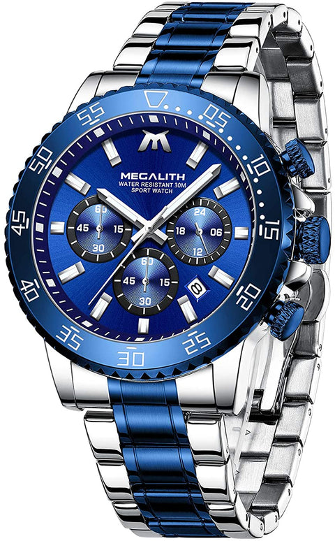 MEGALITH Mens Watches with Stainless Steel Waterproof Analog Quartz Fashion Business Chronograph Watch for Men, Auto Date