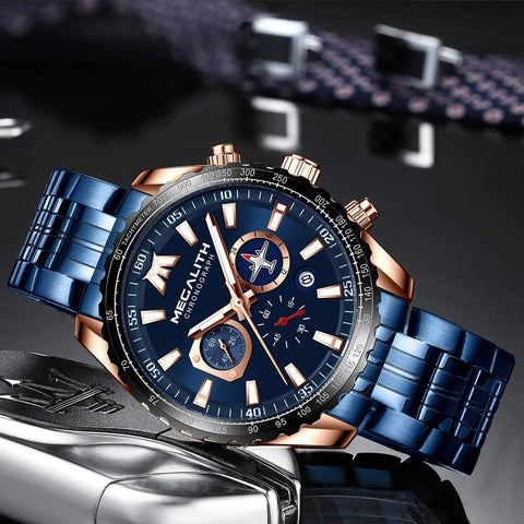 MEGALITH Mens Watches Chronograph Waterproof Watch Stainless Steel Watch Men Sports Military Watch Analog Quartz Date Calendar Luminous Watches for Man Business Gents Multifunctional Wrist Watch