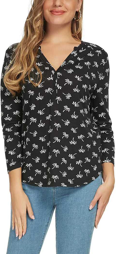 Women's 3/4 Sleeve Floral Print Shirts V Neck Button Up Blouse Tops