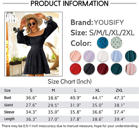 Women Elastic Smocked Bust Tie Back Long Puff Sleeve Square Neck Ruffle Dress A-line Casual Mini Dress