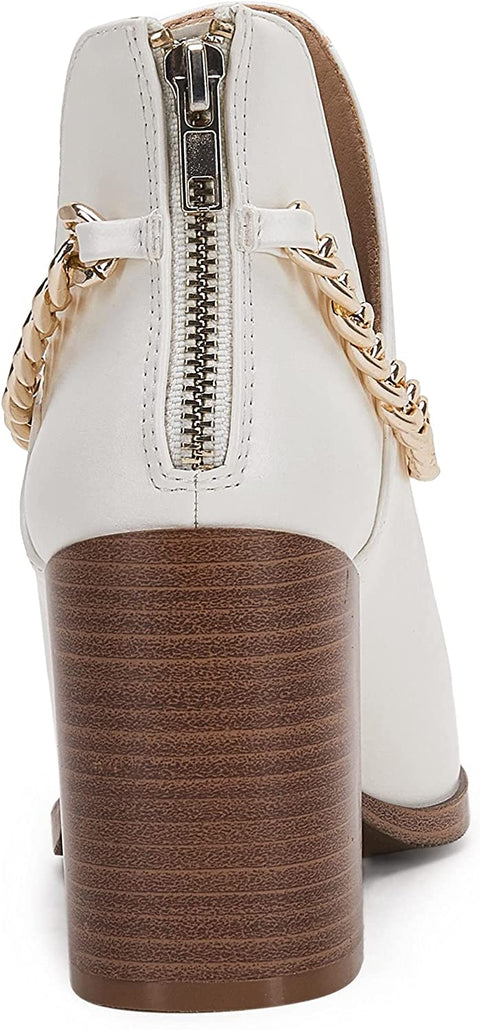 Womens V Cut Out Ankle Boots Chunky Block Back Zipper Booties Pointed Toe Comfortable Shoes with Metal Chain