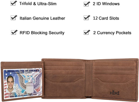 Wallets for Men - RFID Blocking Trifold Genuine Leather Wallet With 2 ID Window