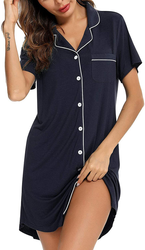Pajama Nightgown for Women Short/Long Sleeve Button Down Nightwear Top Boyfriend Sleep Shirts Nightdress S-XXL