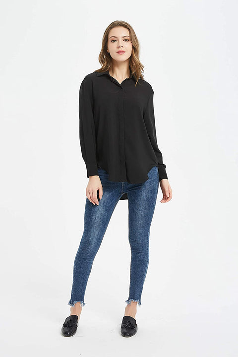 Women's Casual V Neck Crepe Blouses Long Sleeve Button Down Shirts Tops