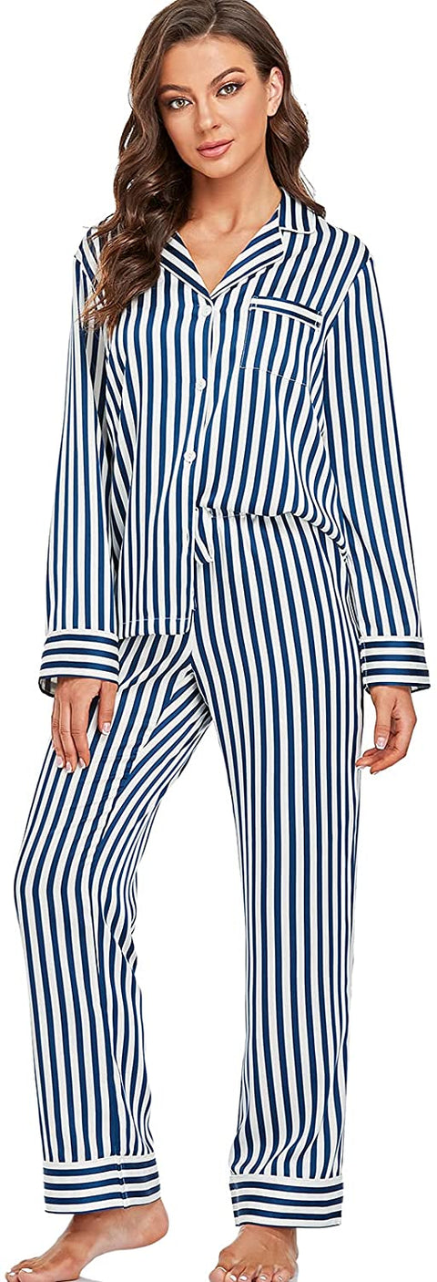 Women's Satin Pajama Set Long Sleeve Button Sleepwear 2-Piece Pj Lounge Set