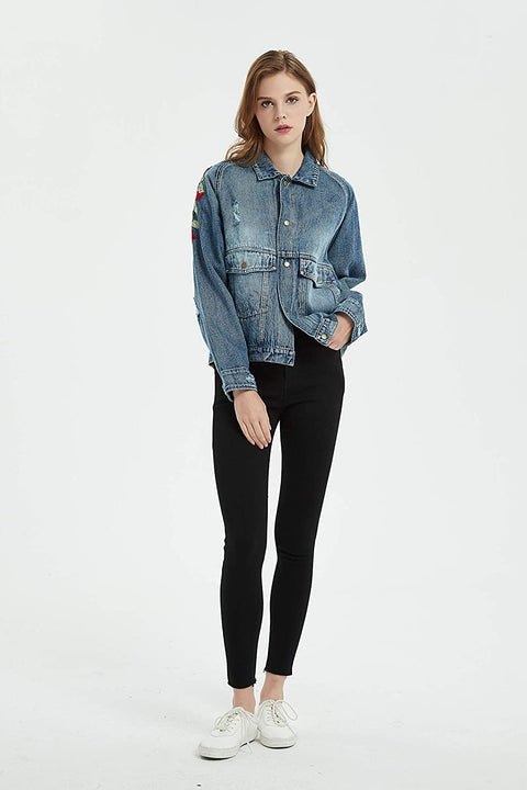 Womens Oversize Distressed Ripped Denim Washed Jacket with Applique Embroidery