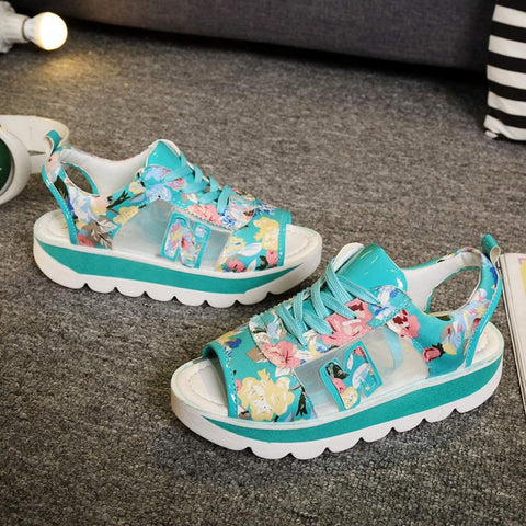 Floral Print Platform Sandals for Women Breathable mesh walking Casual shoes Chunky sports sandals