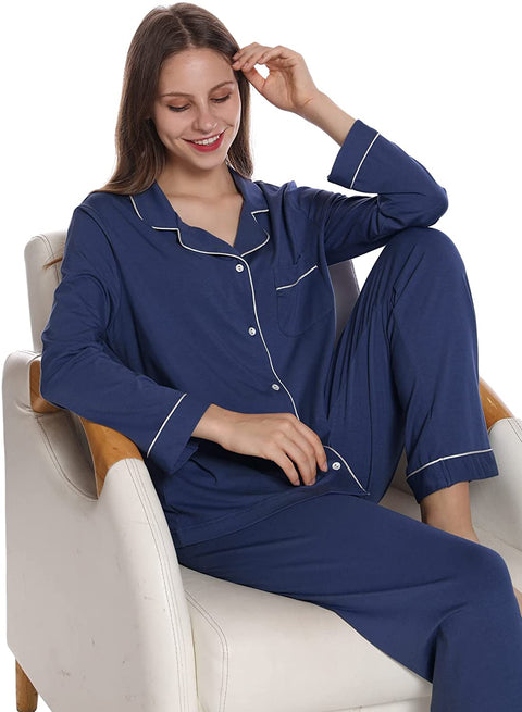 Women Pajamas Set Bamboo Viscose Soft Breathable Nightgown with Long Sleeve