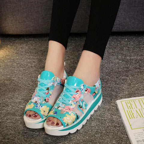 Floral Print Platform Sandals for Women Breathable mesh walking Casual shoes Chunky sports sandals