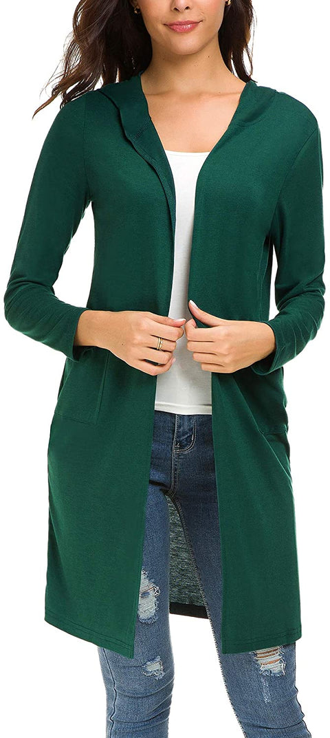 Women's Classic Open Front Lightweight Long Hooded Cardigan