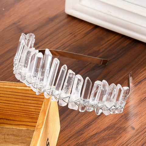 AWAYTR Raw Crystal Quartz Crown – Rhinestone Tiara Mermaid Headband for Woman Weeding and Partie(white)