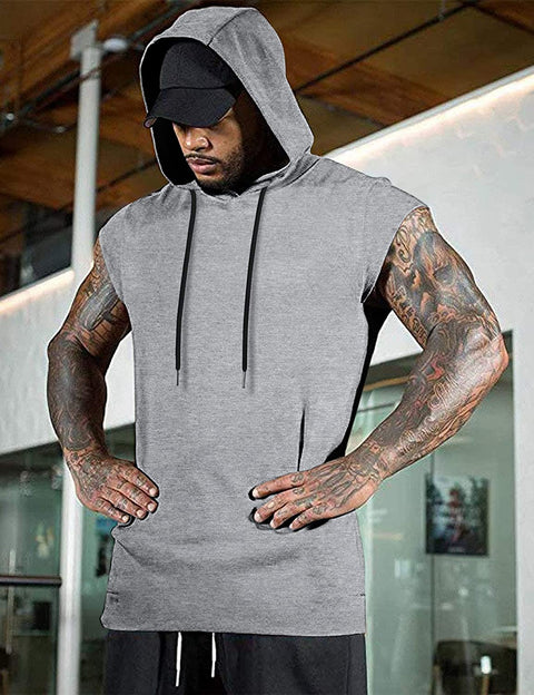 Men's Workout Hooded Tank Top Gym Muscle Cut Off Short Sleeves T-Shirt