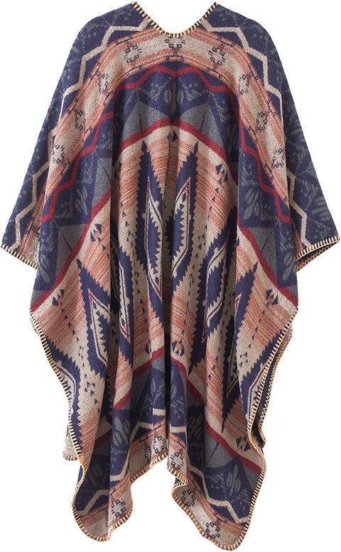 Women's Color Block Shawl Wrap Open Front Poncho Cape