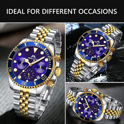MEGALITH Men's Watch 41mm Stainless Steel Chronograph Waterproof Business Watch Analog Quartz Date Watches for Men Metal Luminous Multifunctional Casual Designer Gents Wrist Watches