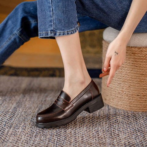 KANGFEINI Women's Apartment Wide Loafers Brown Work high Heel Platform Dress Shoes