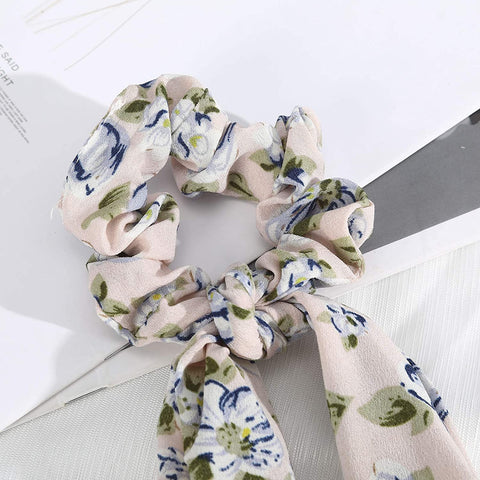 AWAYTR Chiffon Ponytail Hair Scarf Scrunchies - 4 Packs Flower Cashew Leopard Ripple Point Elastic Hair Ties Bow for Women (Bud(Blue+White+Black+Pink))