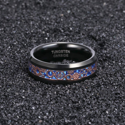 8mm Mens Tungsten Wedding Rings Gear Steampunk Sandstone Meteorite Inlay Wedding Band High Polished Beveled Edge Comfort Fit Size 7-13