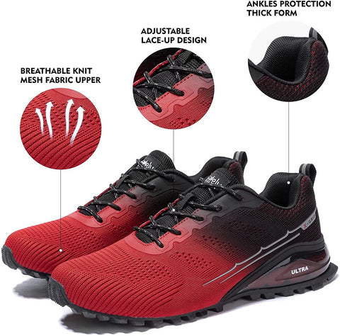 Kricely Men's Women Trail Running Shoes - Non-Slip Hiking Shoes Breathable Walking Footwear Outdoor Road Athletic Sneaker Red Black