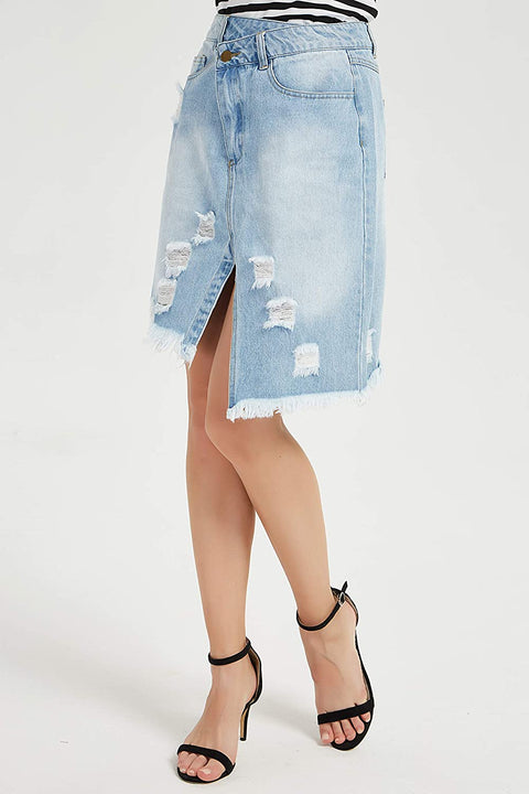 Womens Denim Ripped Distressed Midi Skirt Slant Fly Frayed Hem