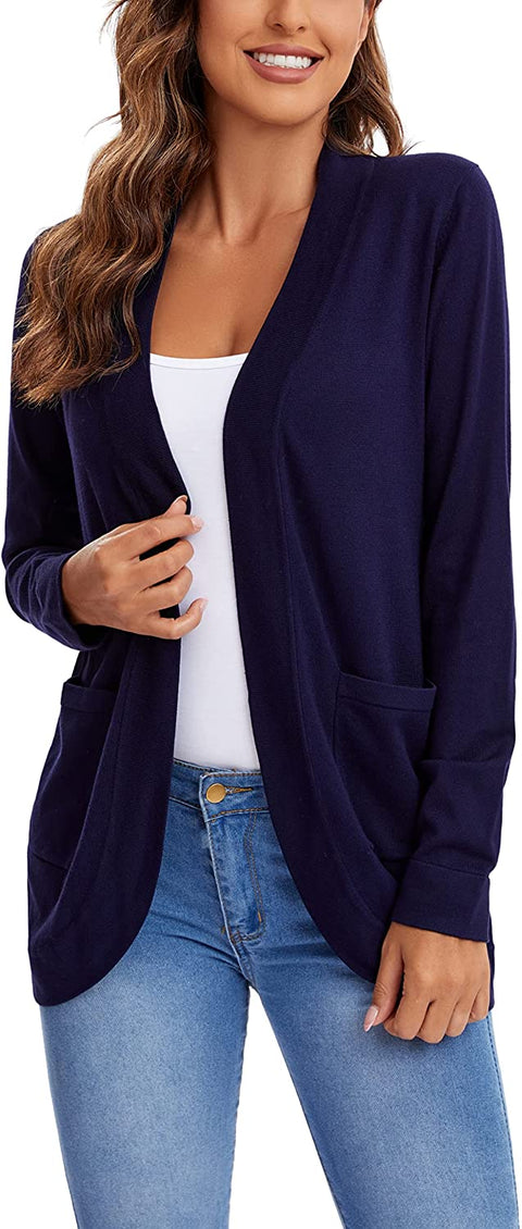 Womens' Long Sleeve Knit Sweater Cardigans Curved Hem Open Front with Pockets